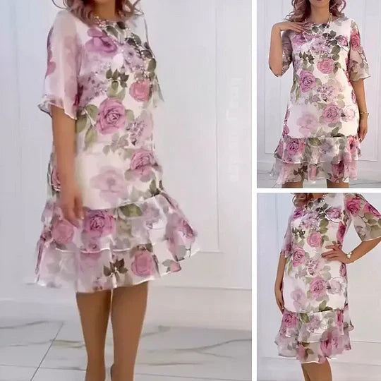 Elegant women's floral rose print tiered midi dress, perfect for summer. Features short sleeves.