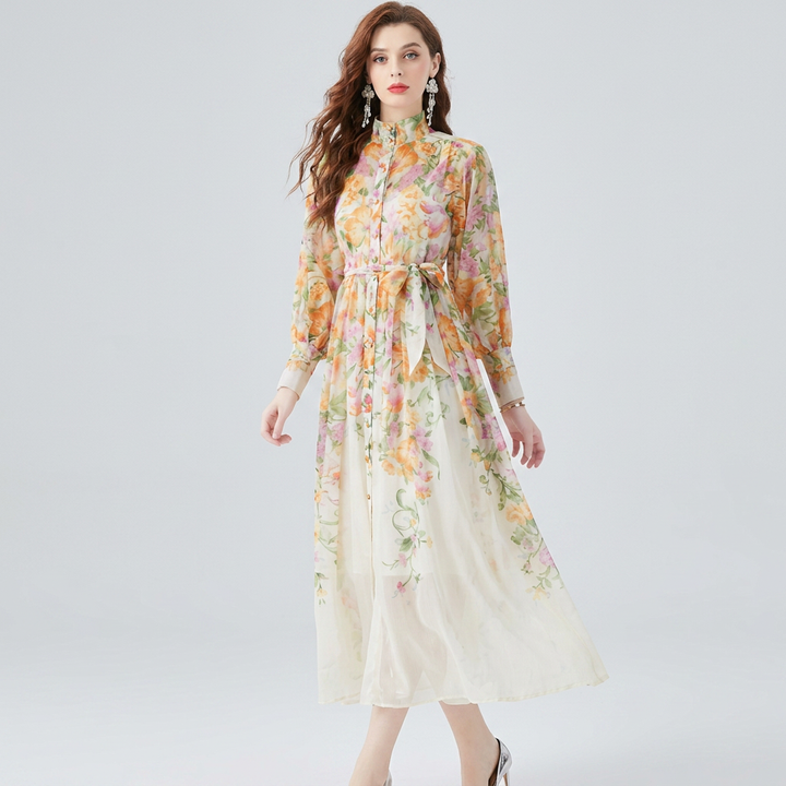 Elegant women's floral sheer long sleeve maxi dress with tie waist & button front. Perfect for spring/summer occasions.