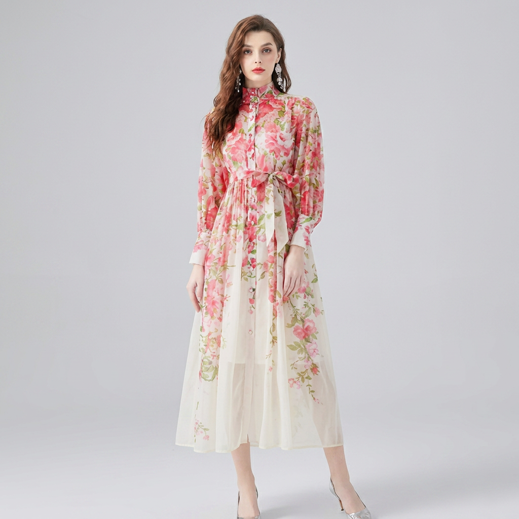 Flowy sheer floral maxi dress for women, featuring elegant long sleeves & a chic tie waist. Ideal for elegant events.