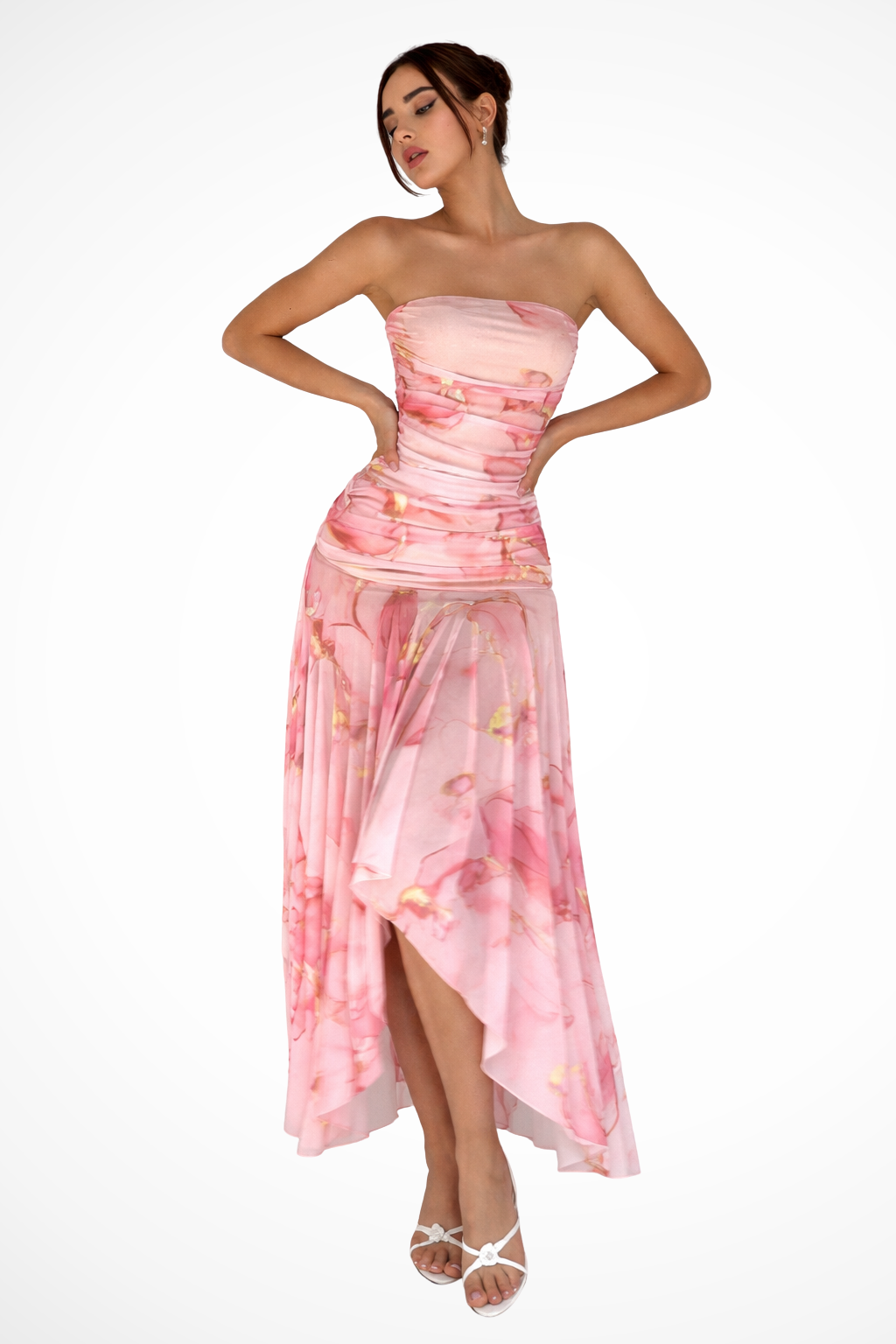 Elegant women's floral strapless maxi dress with high-low hem for weddings or special occasions.