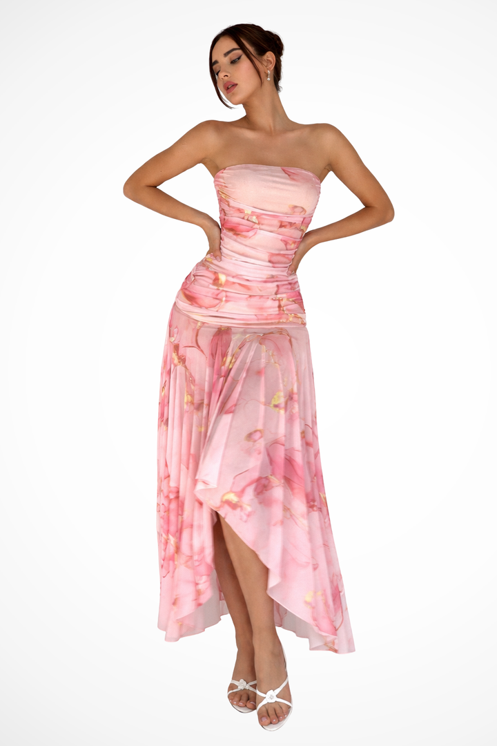 Elegant women's floral strapless maxi dress with high-low hem for weddings or special occasions.