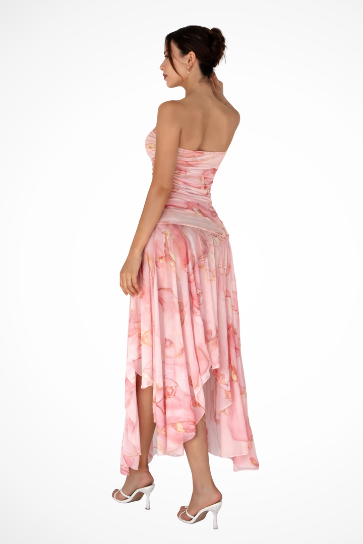 Women's sophisticated high-low floral strapless maxi dress, ideal for summer parties & elegant events.