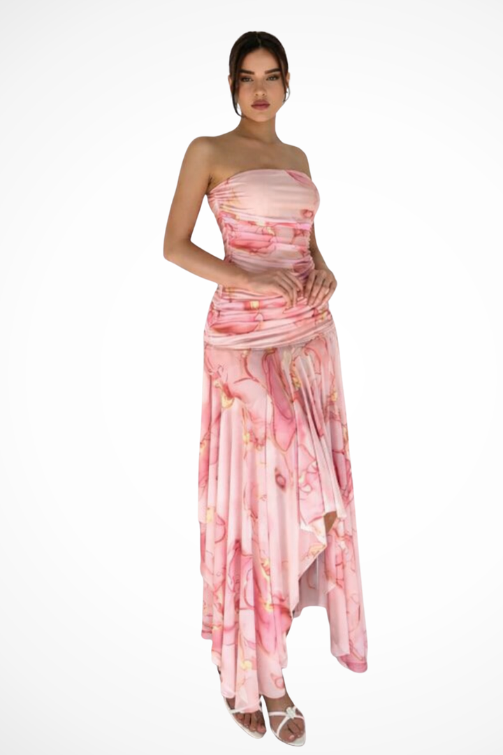 Beautiful floral strapless high-low maxi dress, a stunning formal or wedding guest outfit for women.