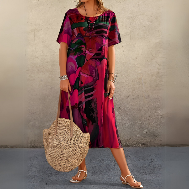 Colorful short sleeve floral summer maxi dress for women, elegant and light, perfect for feminine fashion.