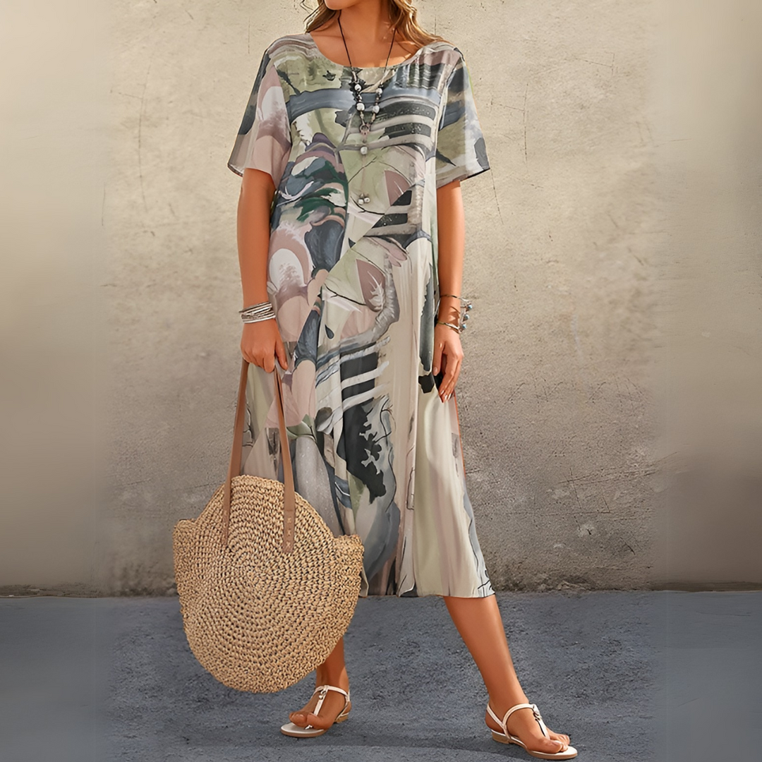 Light & comfortable women's floral summer dress, elegant short sleeve maxi style, perfect for warm weather.