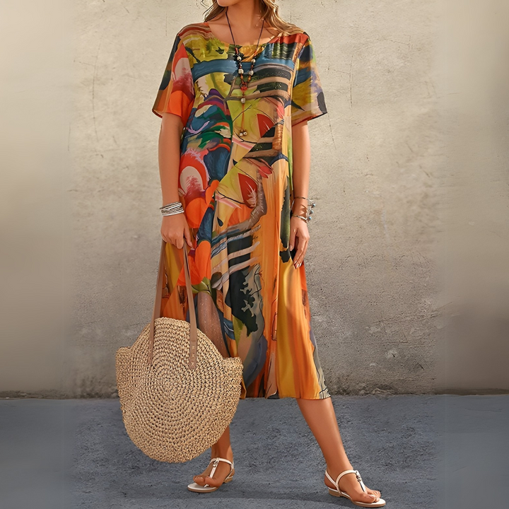 Feminine women's elegant floral summer dress, short sleeve maxi length, comfortable & fashionable for any event.