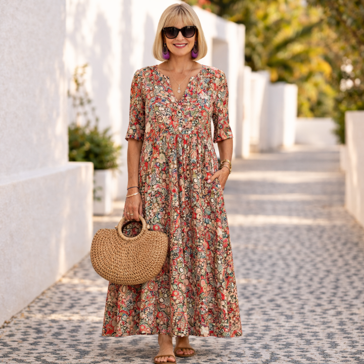 Elegant women's floral summer midi dress, perfect for vacation or casual wear, with a flowing design and pockets.