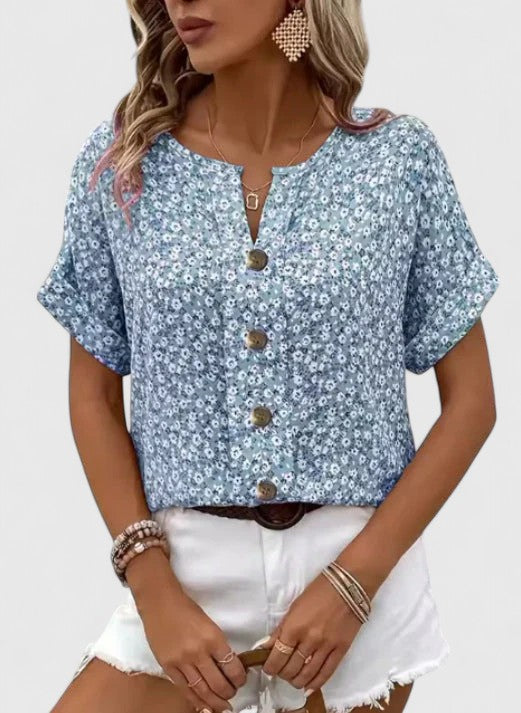 Comfortable pink floral summer top for women, elegant vintage style loose-fit blouse, ideal for everyday fashion.