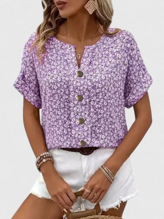 Stylish blue floral summer top, women's elegant casual blouse with a loose fit, perfect for warm weather.