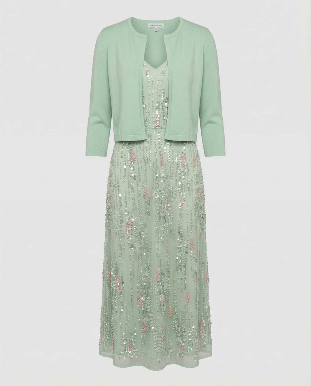 Chic women's floral two-piece midi dress. A stylish green summer dress, perfect for elegant special occasion fashion.