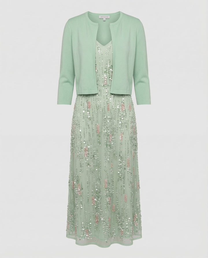 Chic women's floral two-piece midi dress. A stylish green summer dress, perfect for elegant special occasion fashion.