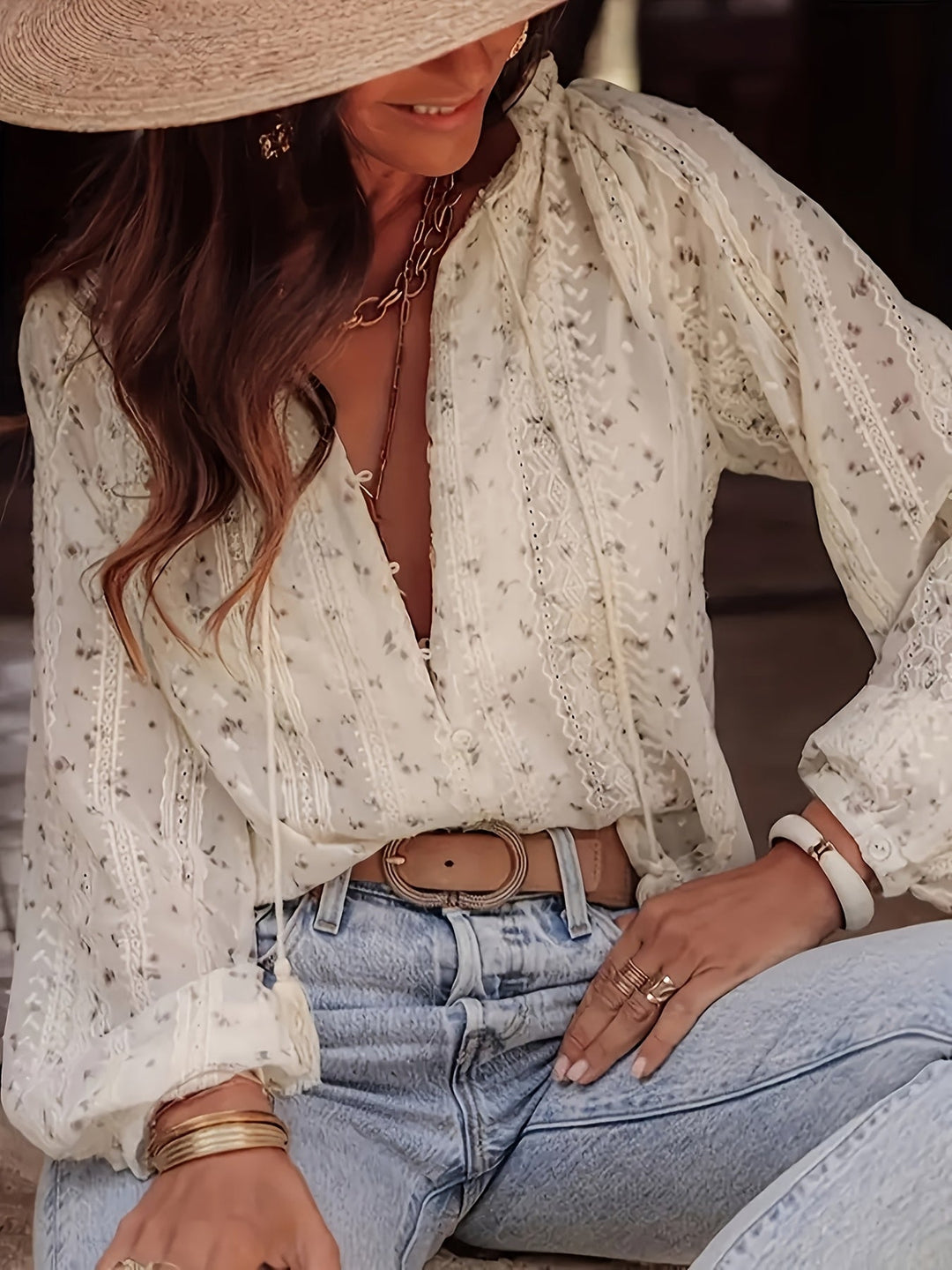 Elegant women's floral V-neck blouse, perfect for work or casual chic. Versatile fit, feminine spring & summer style.