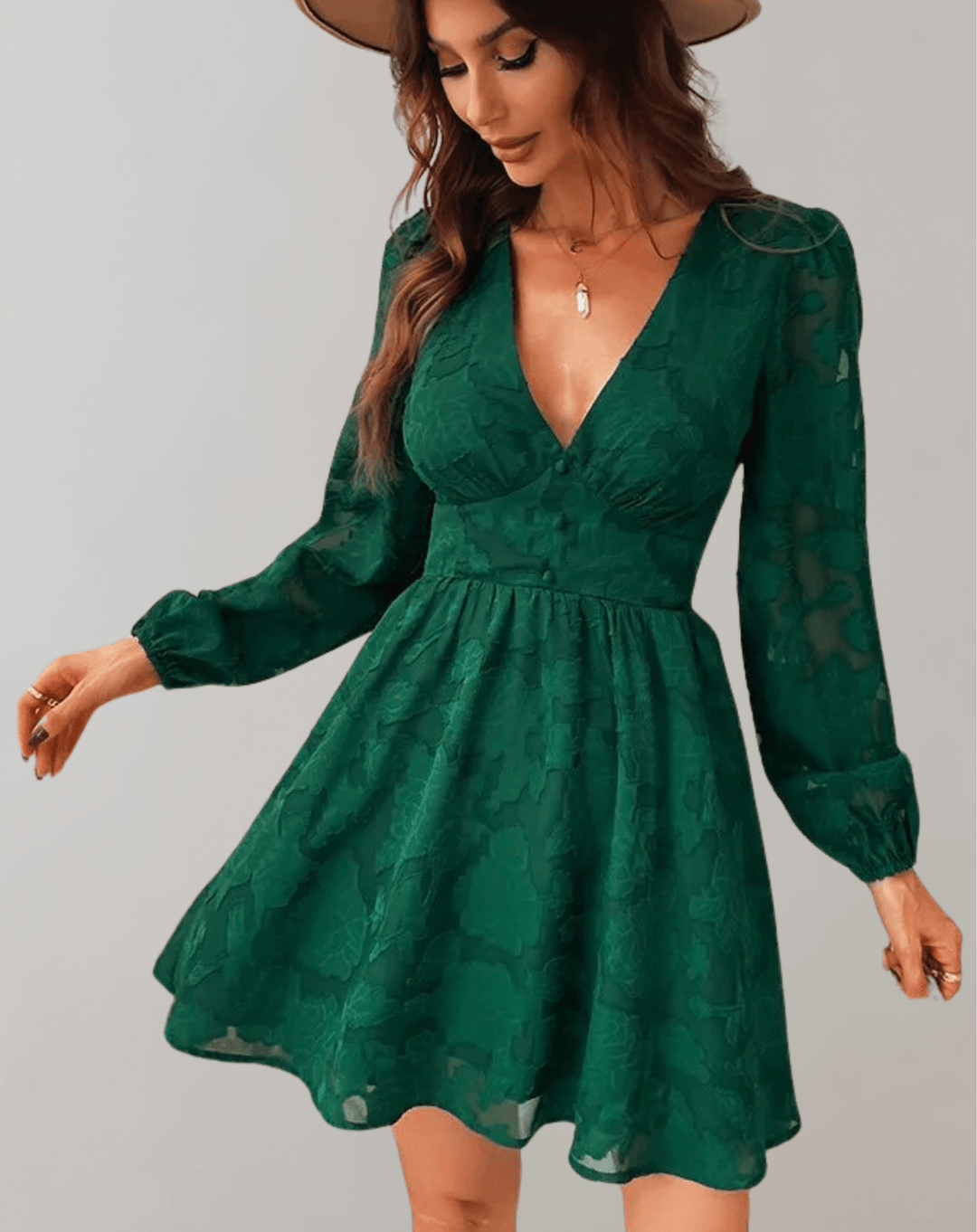 Elegant women's floral V-neck long sleeve cocktail dress. Perfect for spring & summer parties.