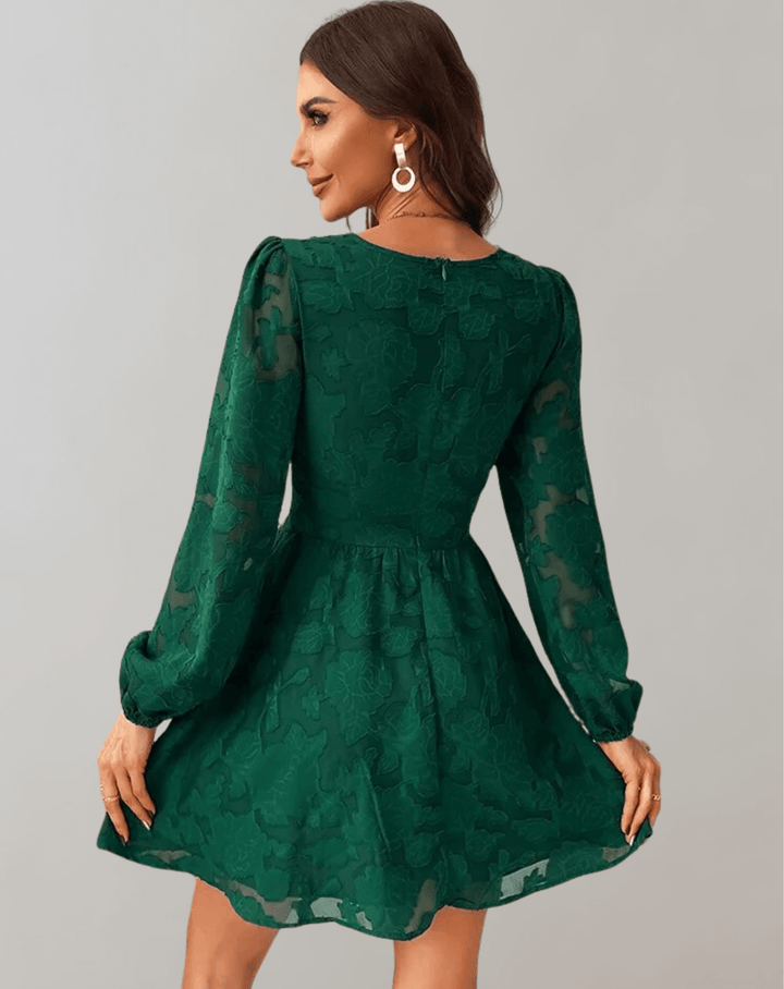 Beautiful women's floral print midi dress with V-neck & long sleeves, ideal for elegant events.