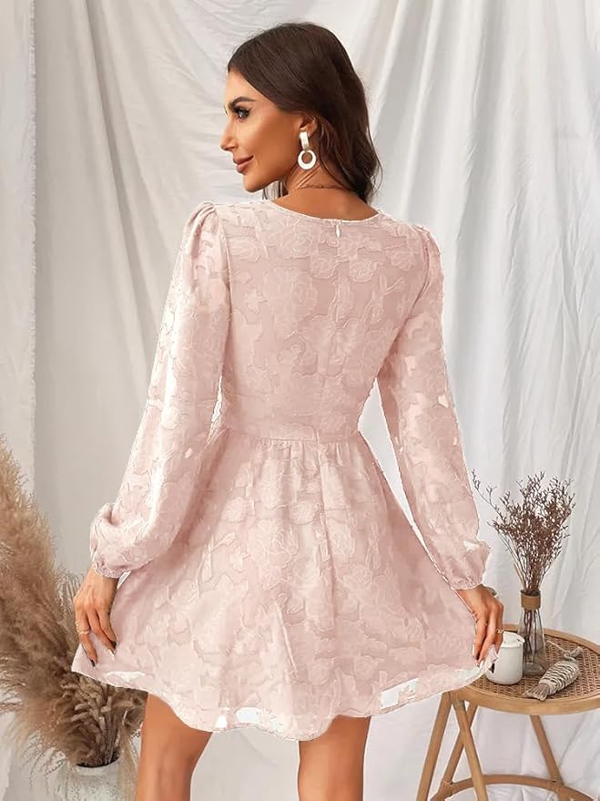 Sophisticated women's V-neck long sleeve floral dress, perfect for elegant evening wear.