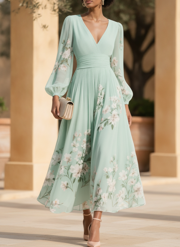 Elegant women's floral V-neck long sleeve midi dress, perfect for bridesmaids, wedding guests & garden parties.