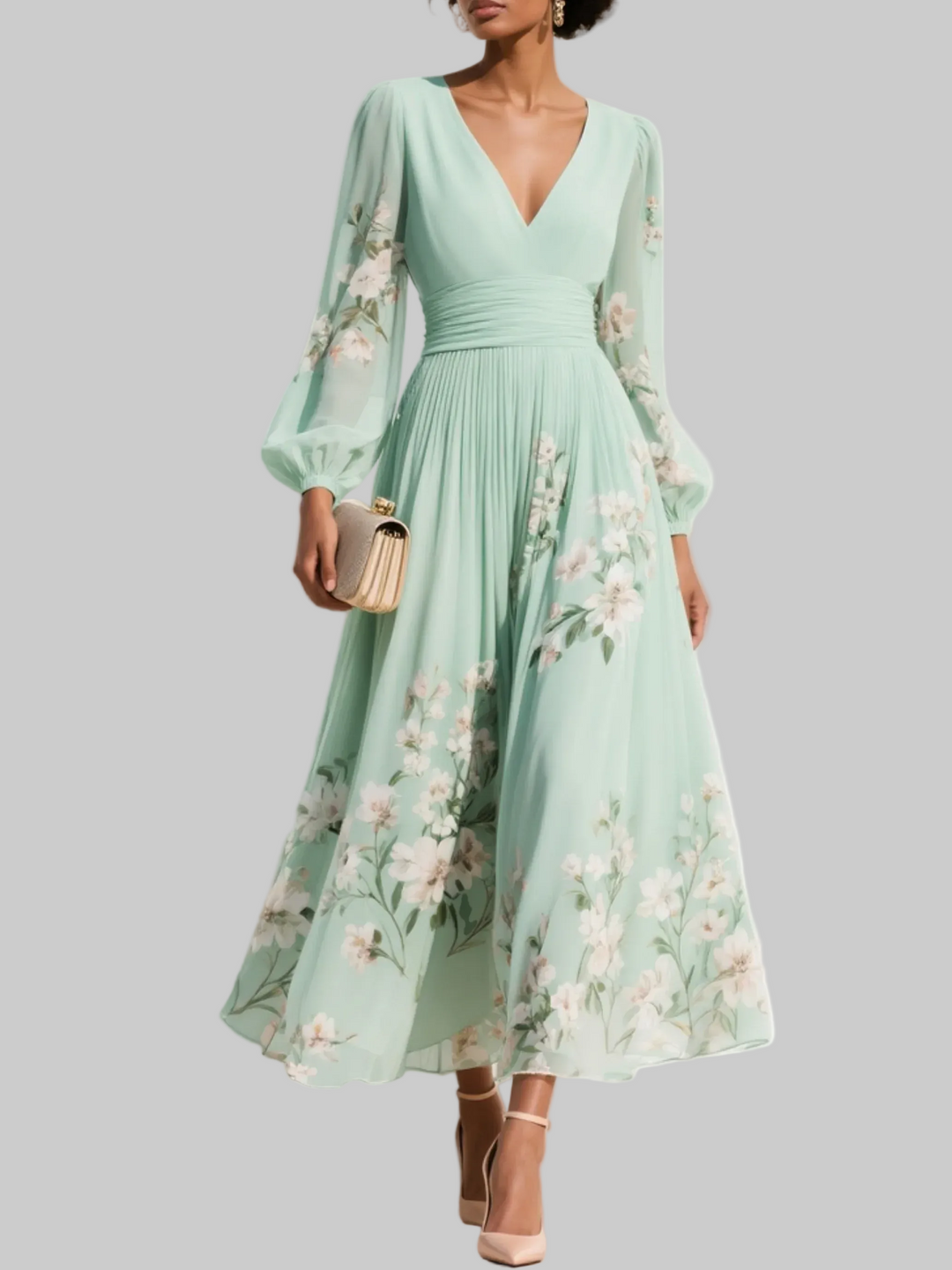 Pleated floral V-neck long sleeve midi dress for women, ideal as a bridesmaid or wedding guest outfit.