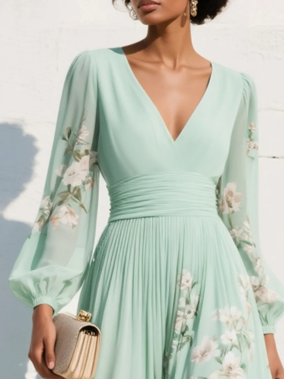 Vibrant floral print long sleeve V-neck midi dress for women. Perfect elegant bridesmaid, wedding guest, or party attire.