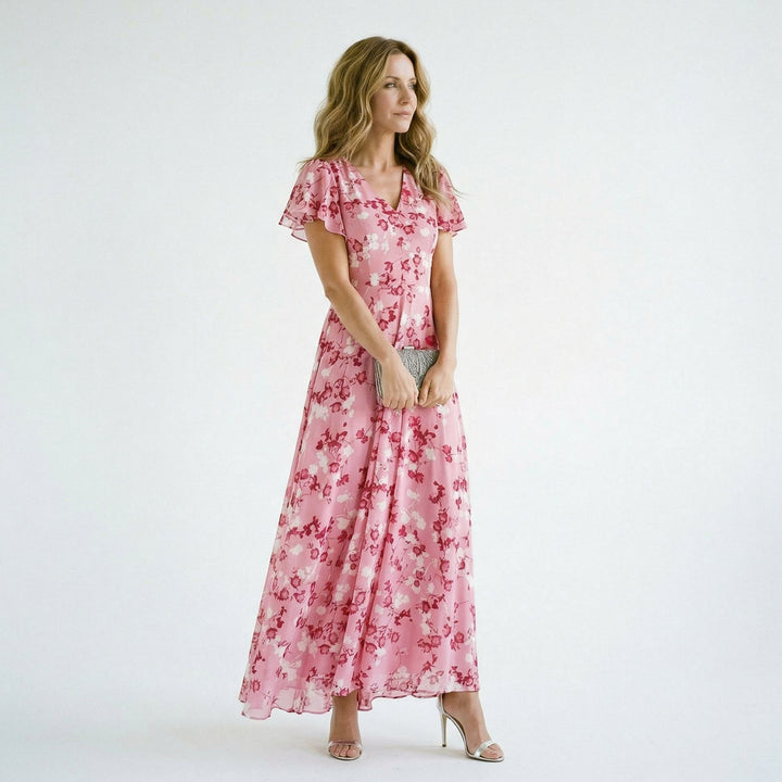 Romantic floral print maxi dress with a flattering V-neck, ideal for summer occasions.