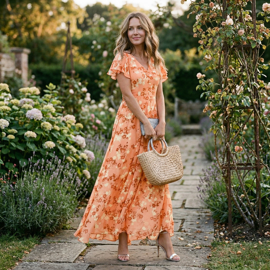 Long floral V-neck maxi dress for women, suitable for wedding guests & formal events.