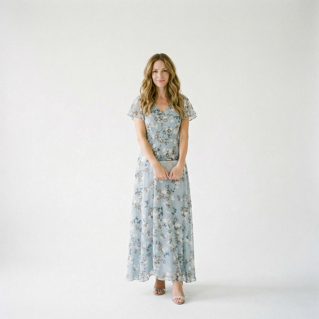 Beautiful women's floral pattern maxi dress, V-neck style, perfect for elegant occasion wear.