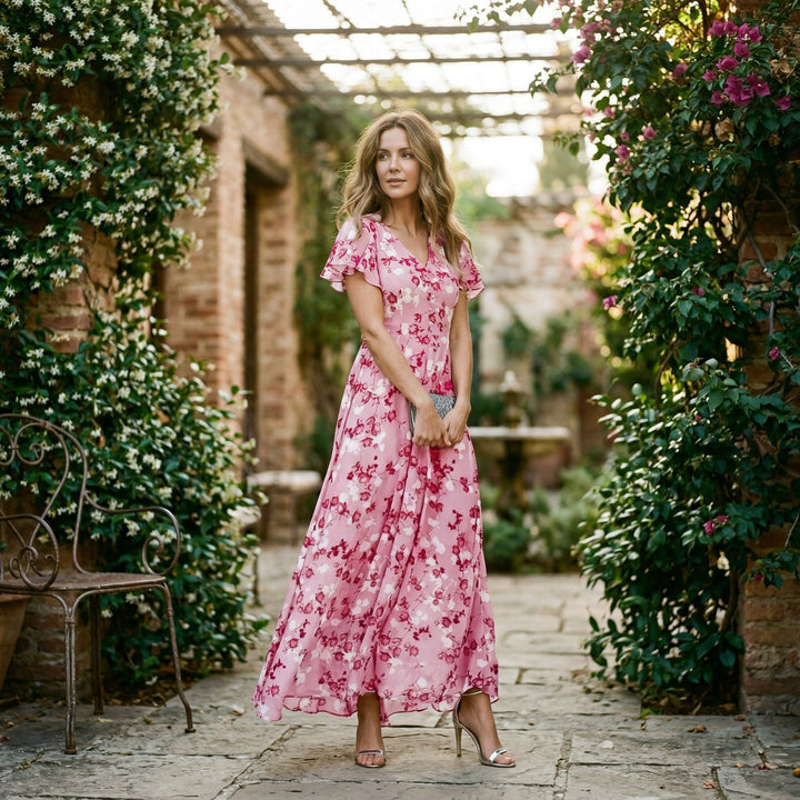 Lightweight & flowing floral V-neck maxi dress, a romantic choice for summer garden parties.