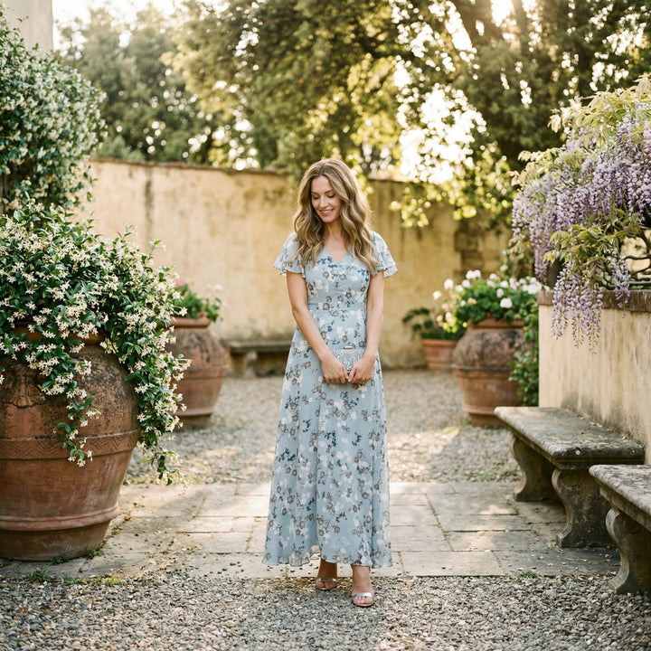 Fashionable women's floral V-neck long dress, versatile for wedding guests and elegant gatherings.