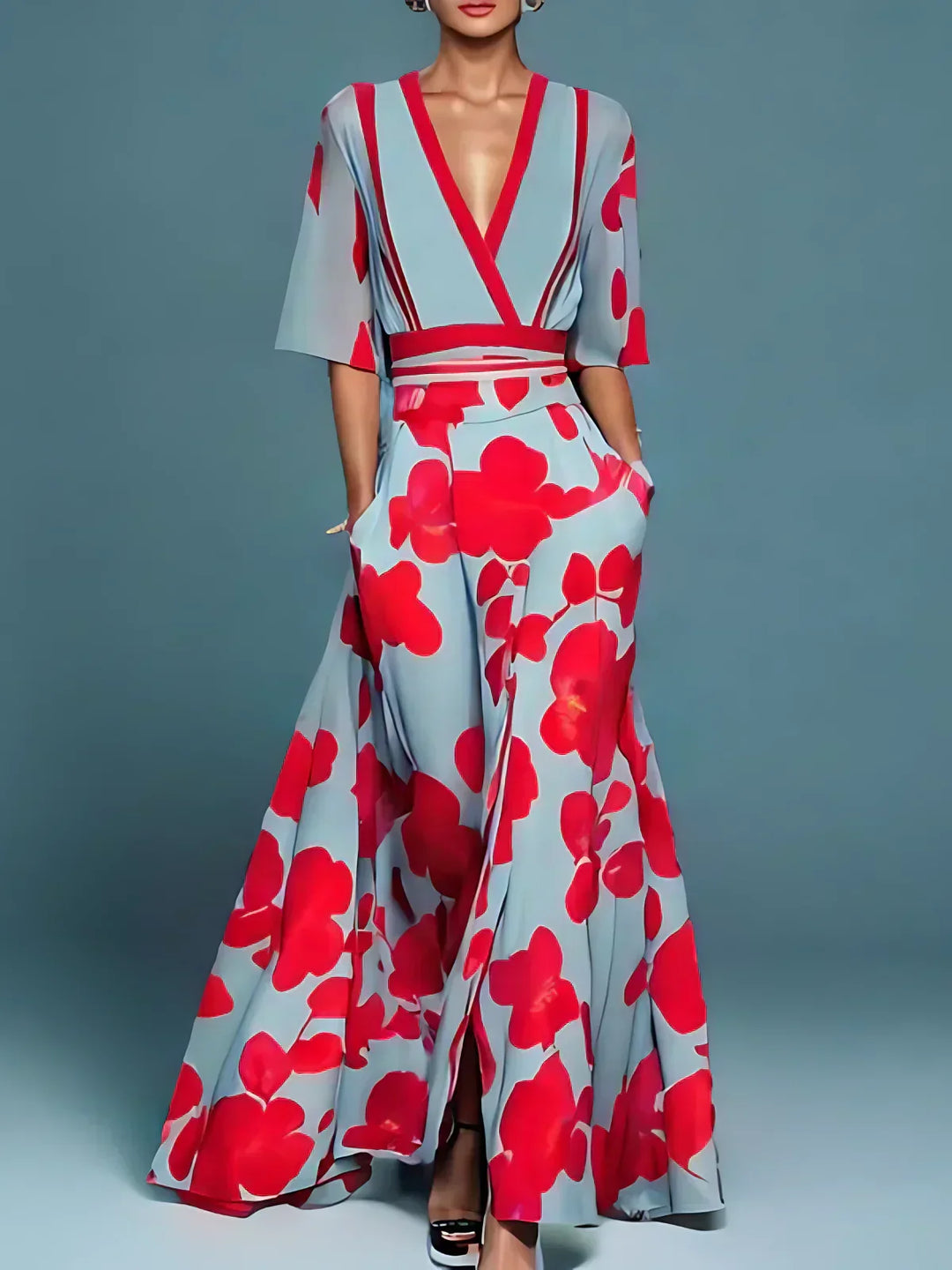 Elegant women's floral V-neck maxi dress with short sleeves, perfect for summer casual wear or vacation.