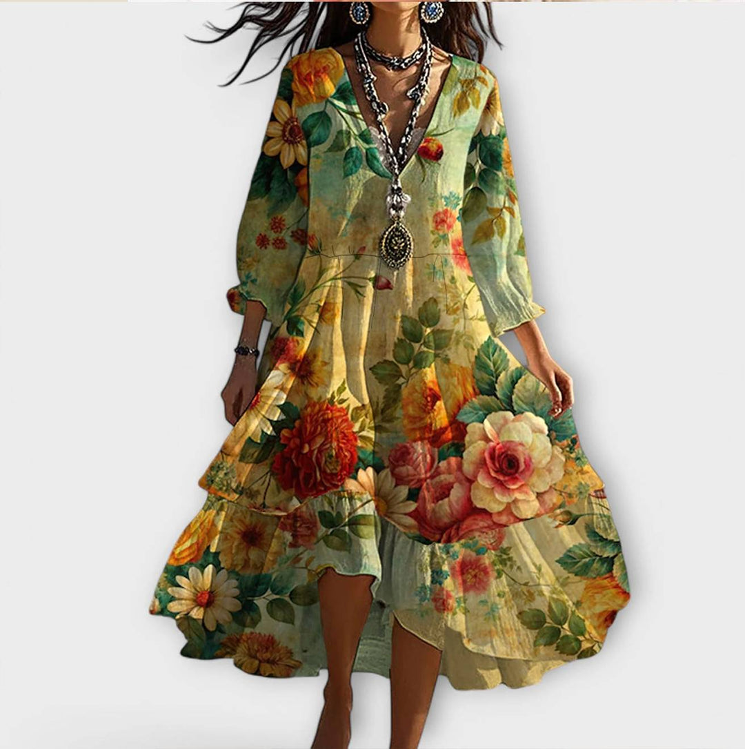 Elegant women's floral V-neck midi dress, perfect for summer parties or spring casual wear. Flowy & comfortable.