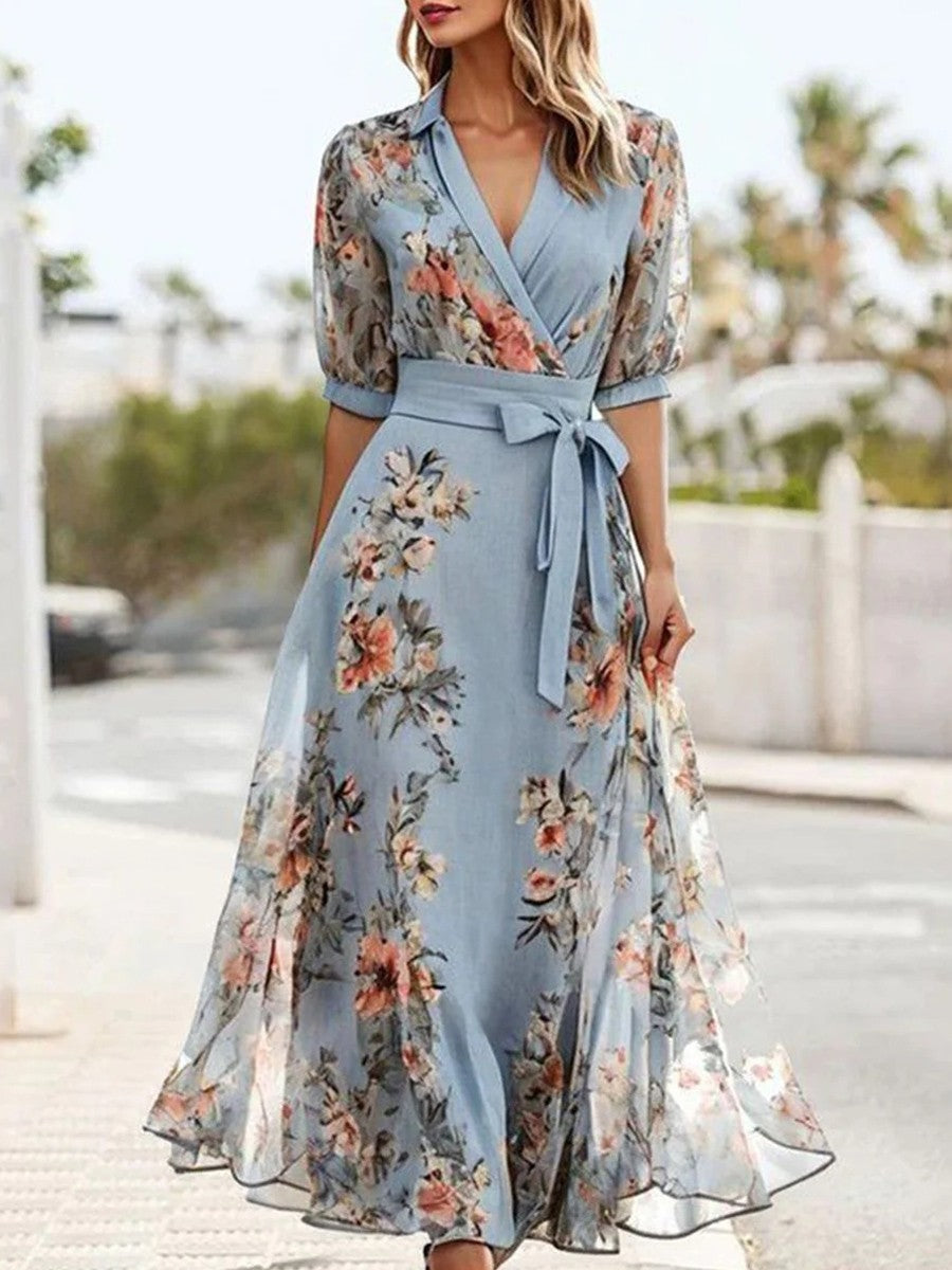 Beautiful women's floral V-neck midi dress, a chic and comfortable choice for garden parties or summer occasions.