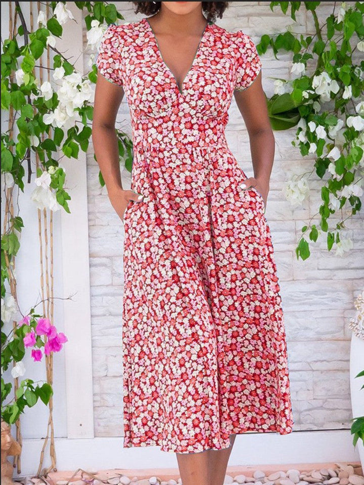Elegant women's floral V-neck midi dress with chic short sleeves, perfect for summer casual wear.
