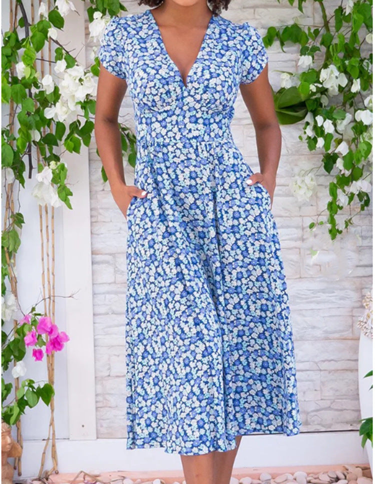Chic feminine V-neck midi dress for women, featuring a beautiful floral print and comfortable short sleeves.