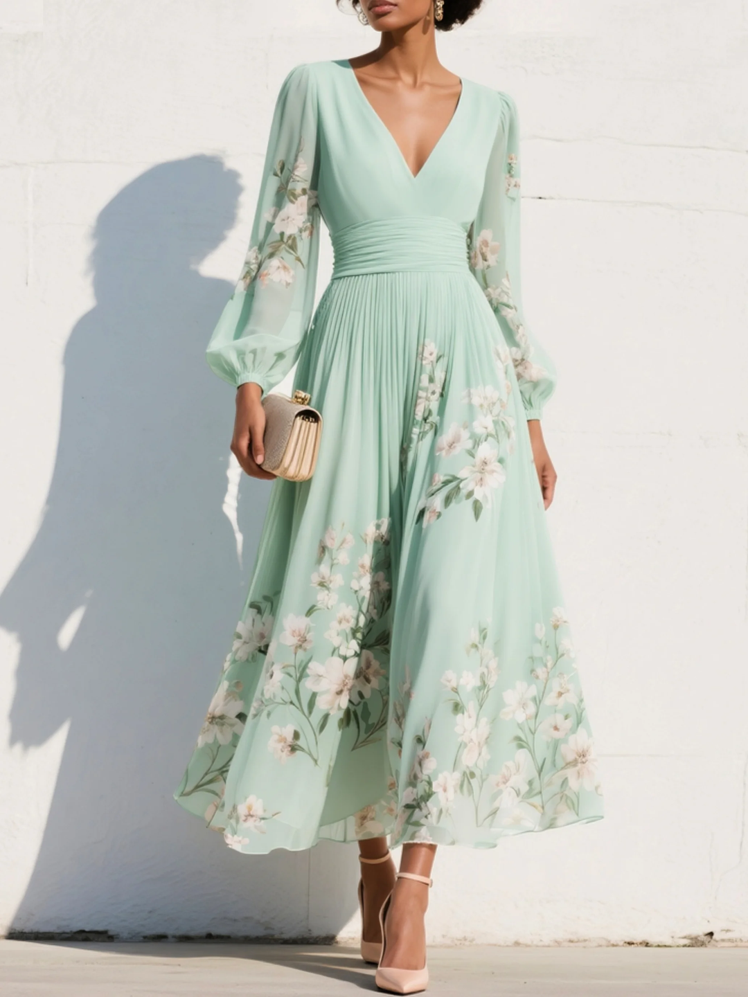 Elegant women's floral V-neck midi dress with delicate sheer sleeves, perfect for spring & summer occasions.