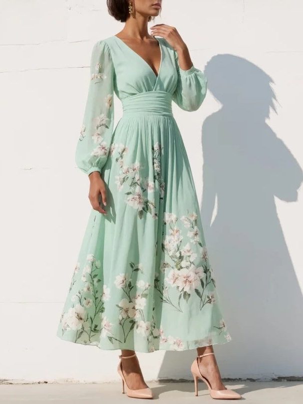 Chic women's floral V-neck midi dress, pleated and elegant, ideal for wedding guests & party wear.