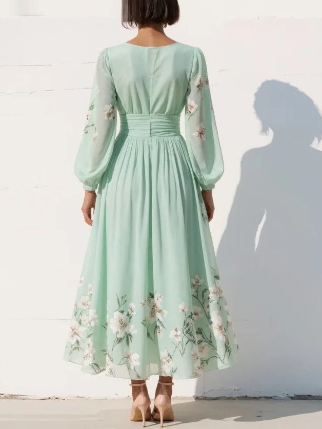 Sophisticated women's floral V-neck midi dress with graceful pleats, a flattering choice for wedding guests.