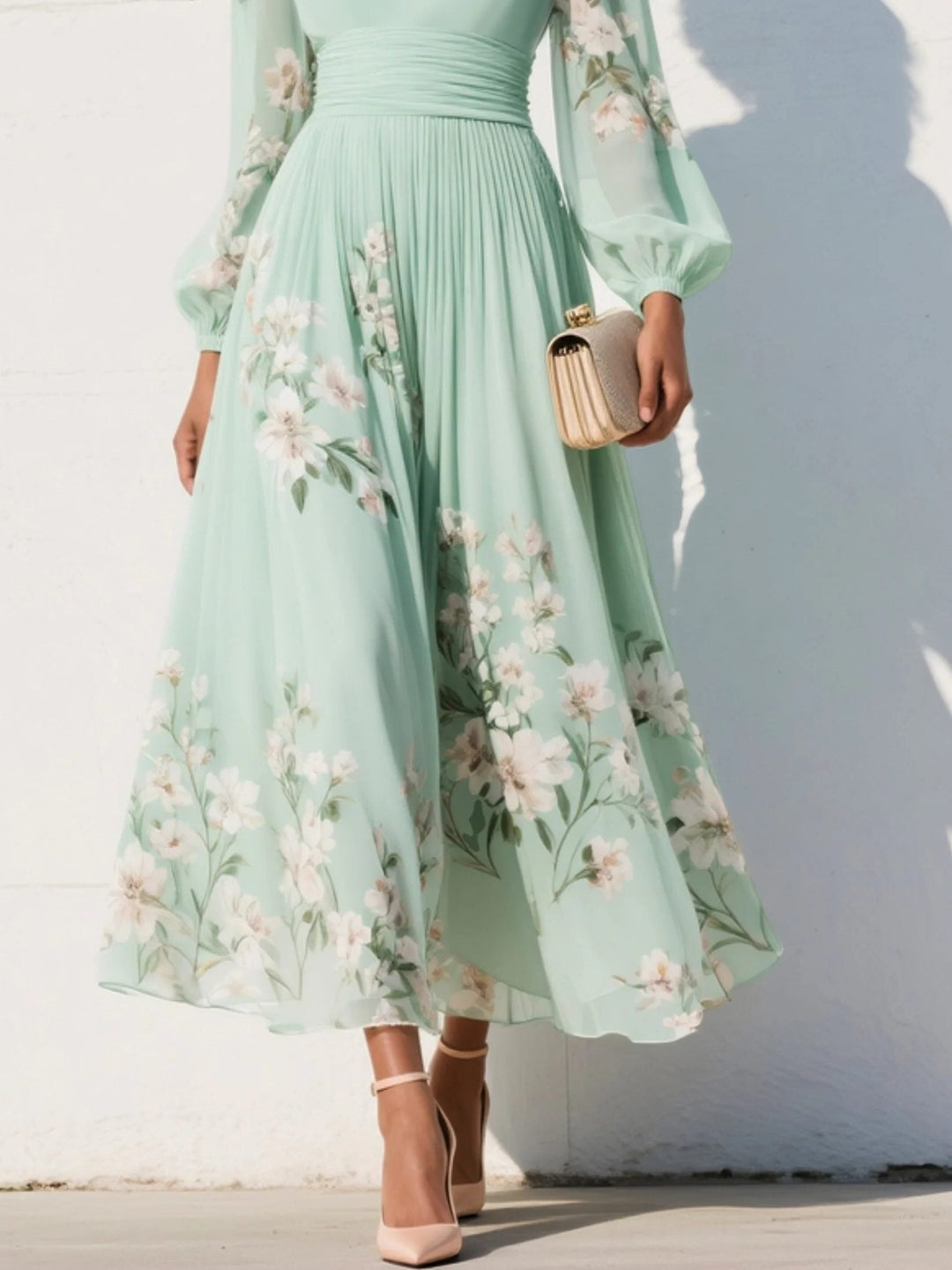Women's elegant floral V-neck pleated midi dress, a stunning long sleeve choice for wedding guests and special events.