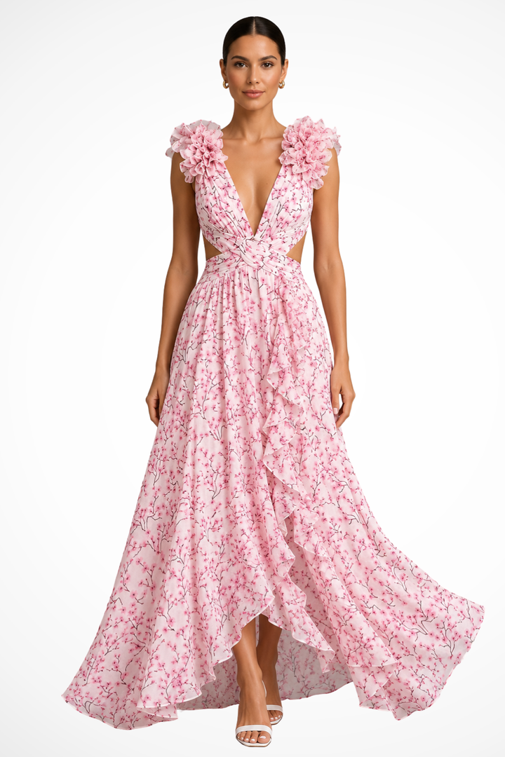 Elegant women's floral V-neck ruffled maxi dress, perfect for wedding guests or formal summer parties.