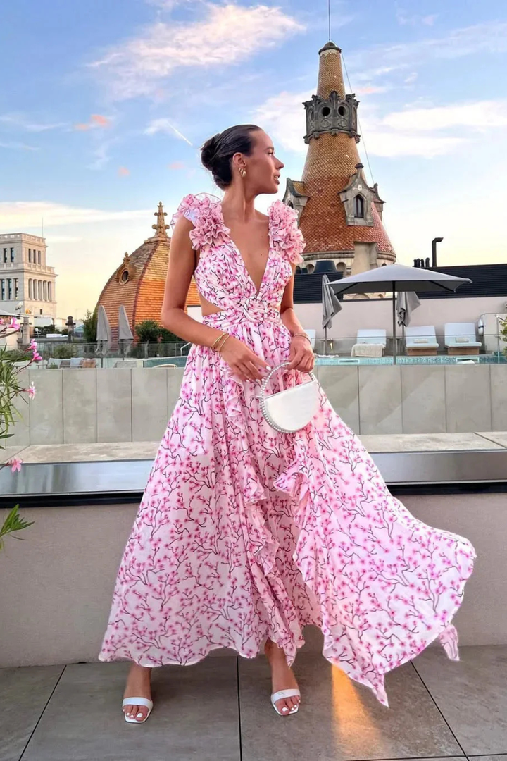 Chic floral maxi dress with V-neck and ruffles for women, ideal for summer parties and elegant events.