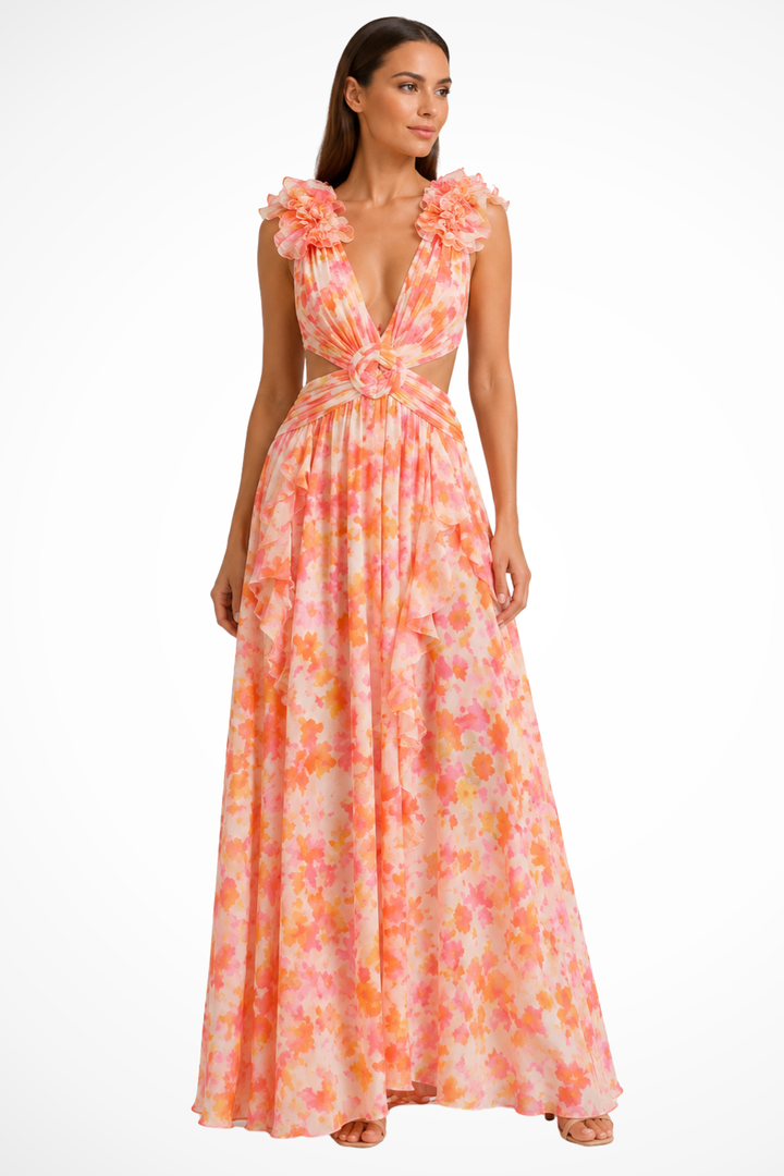 Versatile women's floral V-neck ruffled maxi dress for formal occasions, summer parties, and wedding guests.