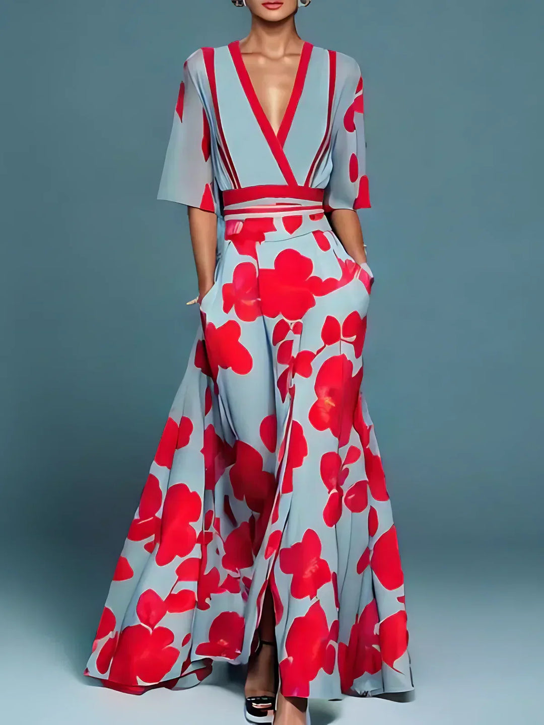 Elegant women's floral V-neck summer dress, versatile for casual or evening wear. Chic and flattering design.