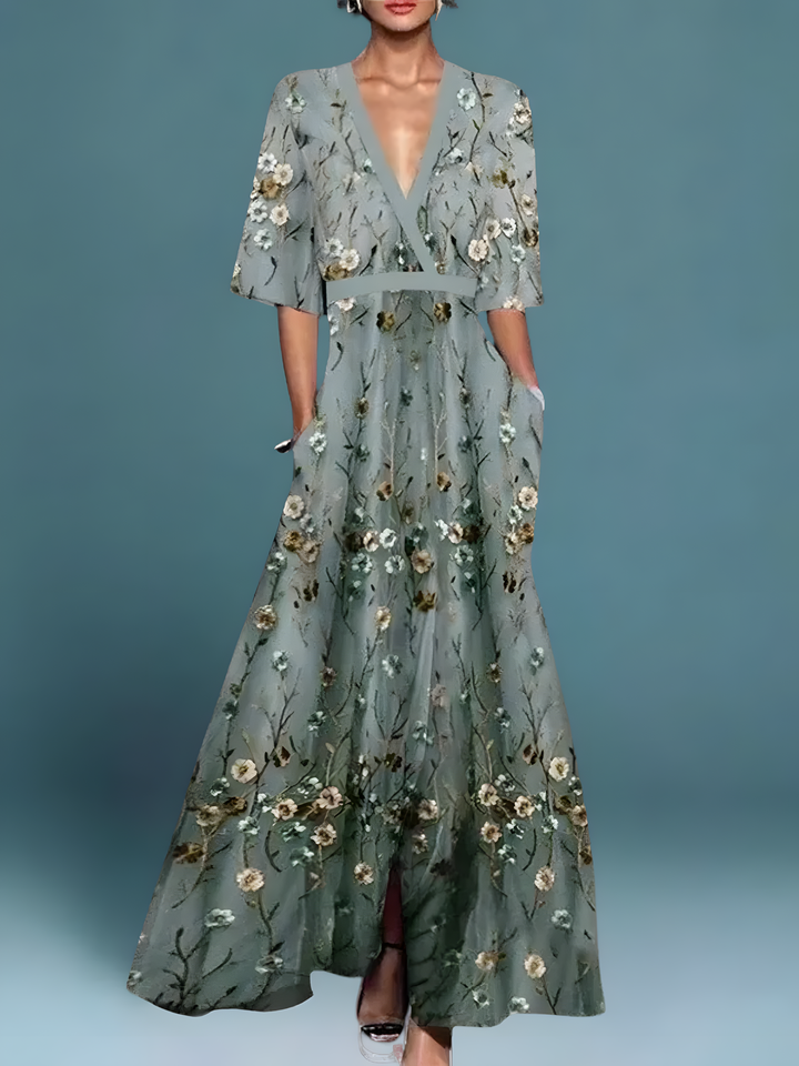 Stylish women's elegant floral V-neck dress, a versatile piece perfect for summer casual outings or chic evening wear.