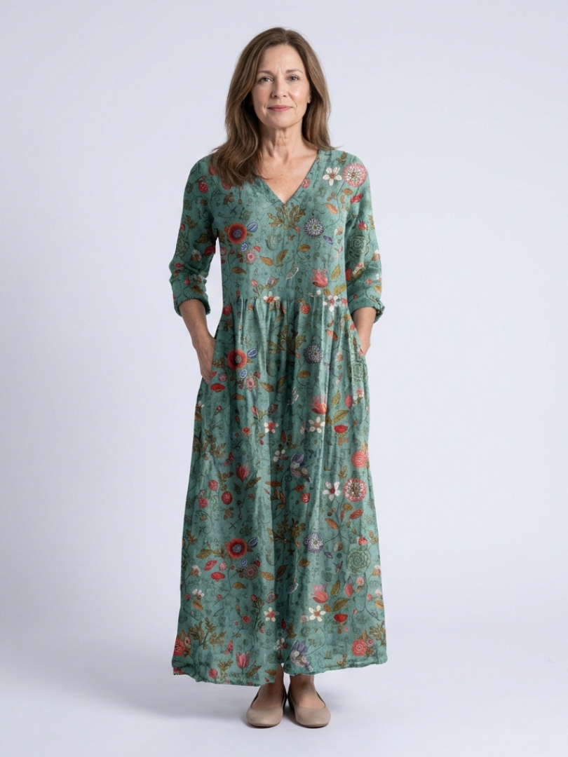Elegant women's floral V-neck three-quarter sleeve maxi dress. Comfortable for spring & summer casual wear.