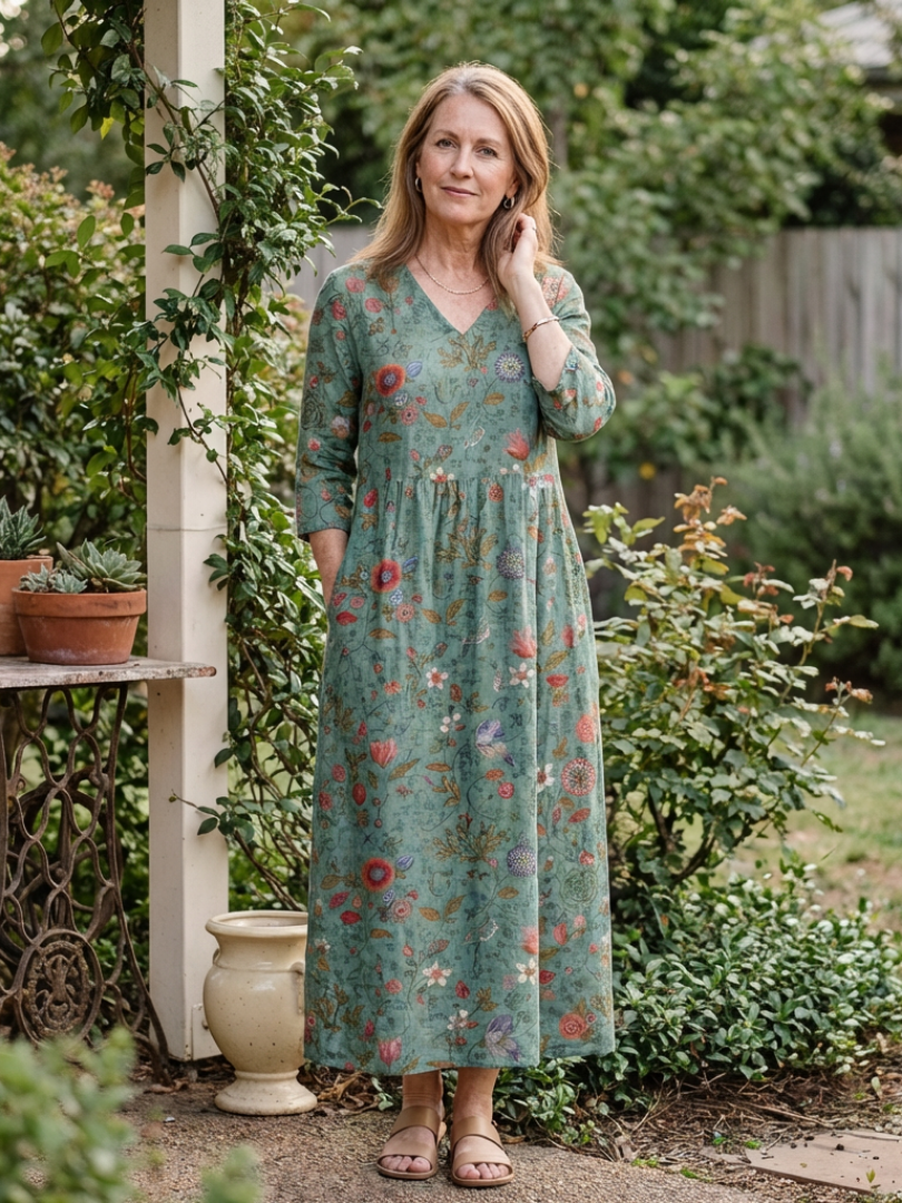 Casual women's floral maxi dress with V-neck & 3/4 sleeves. Perfect for spring & summer relaxed fashion.