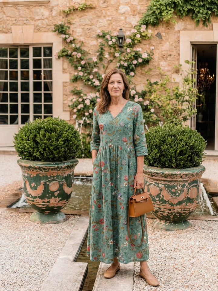 Chic women's floral maxi dress featuring a V-neck and three-quarter sleeves. Ideal for elegant casual summer outfits.