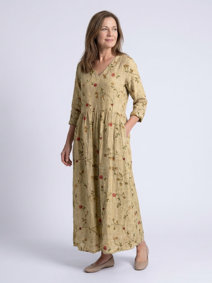 Versatile women's floral V-neck 3/4 sleeve maxi dress. Comfortable, elegant, perfect for spring & summer casual style.
