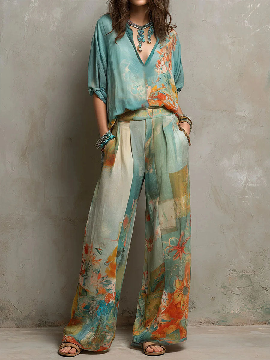 Elegant women's floral wide-leg two-piece set, perfect for summer resort wear. Comfortable matching outfit.