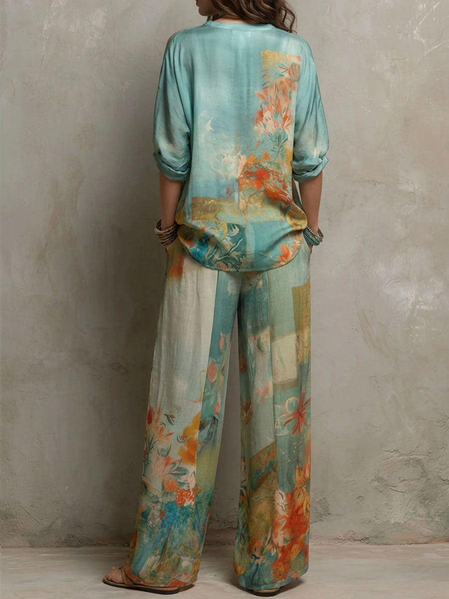Versatile women's wide-leg two-piece set with a beautiful floral print. Ideal for summer and resort wear.