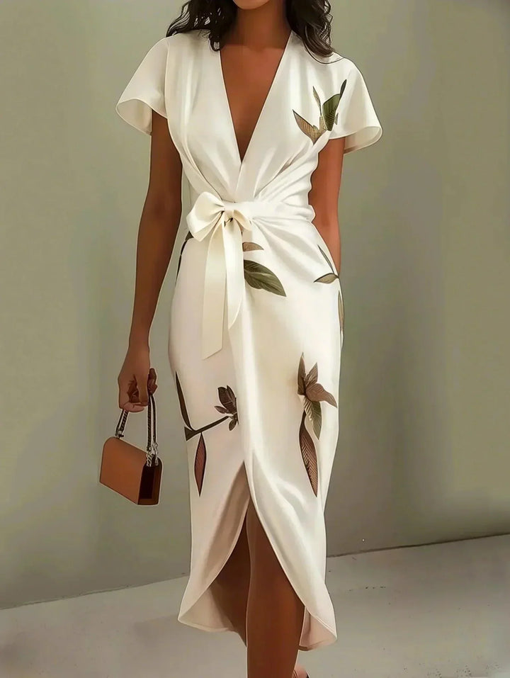 Women's V-neck floral wrap midi dress with stylish leaf print, ideal for garden parties.