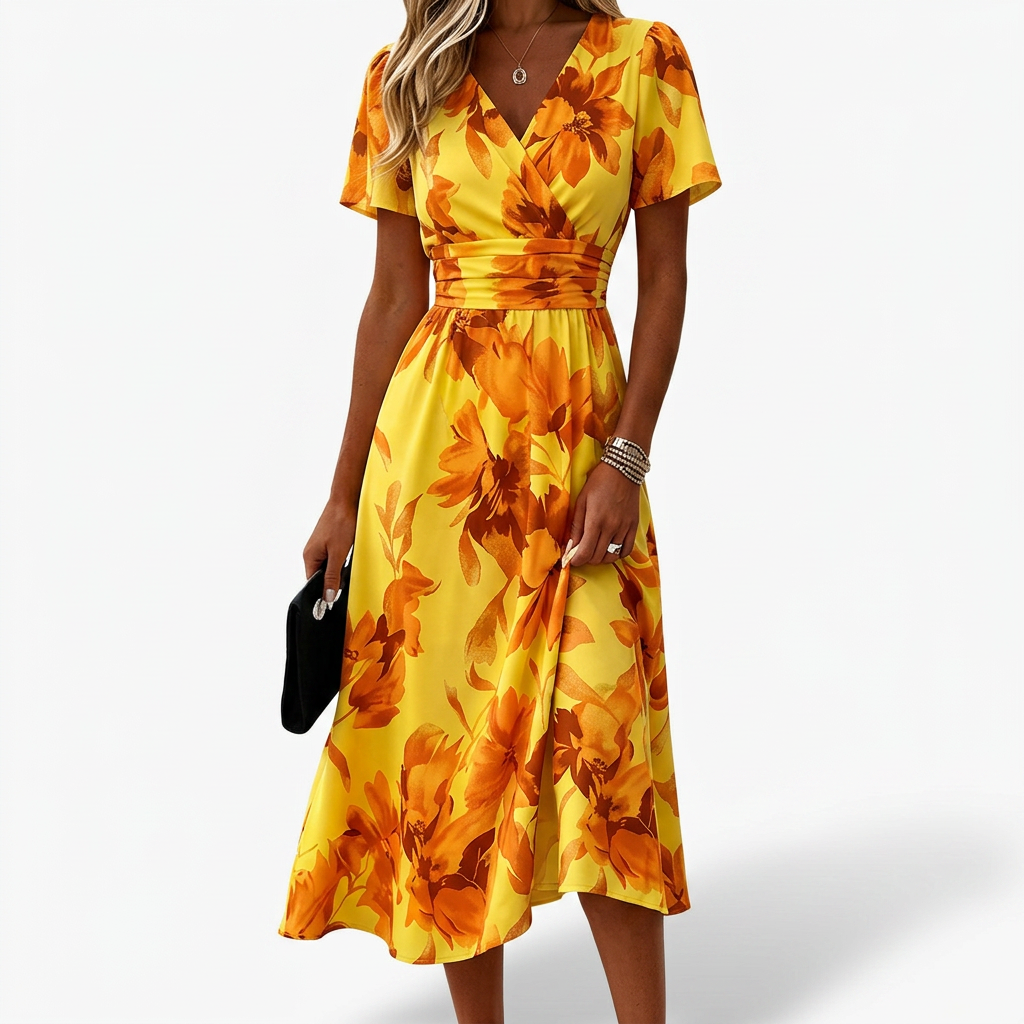 Feminine women's spring/summer floral wrap midi dress. Elegant V-neck design, ideal for casual outings & occasions.