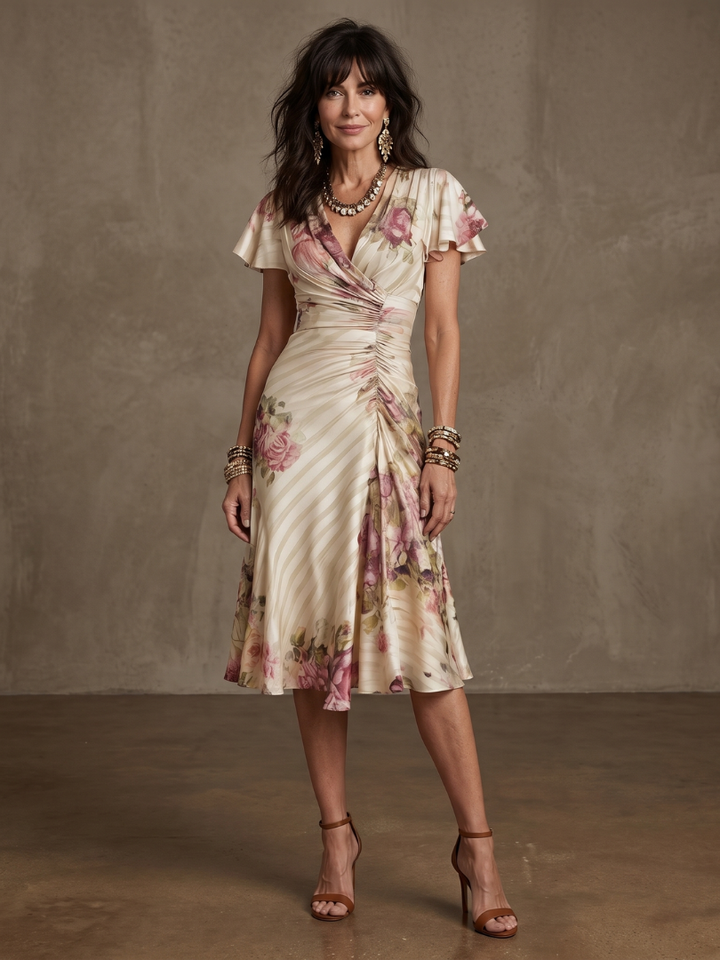 Elegant women's floral wrap midi dress with ruched details, v-neck, and short sleeves. Perfect for spring/summer occasions.